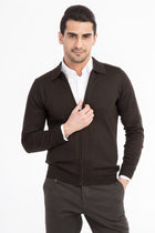 Kahve Polo Yaka Regular Fit Yünlü Fermuarlı Hırka