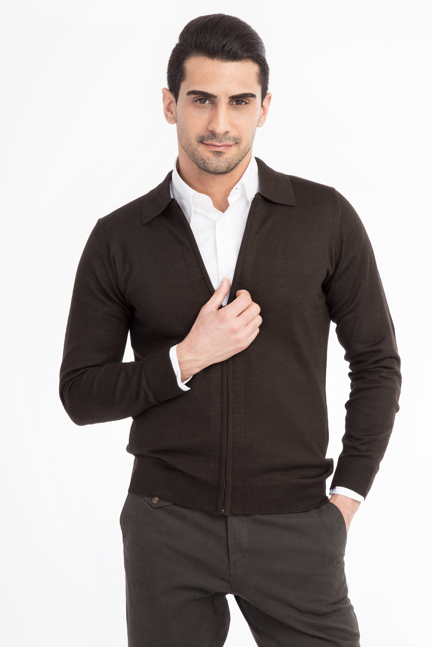 Kahve Polo Yaka Regular Fit Yünlü Fermuarlı Hırka