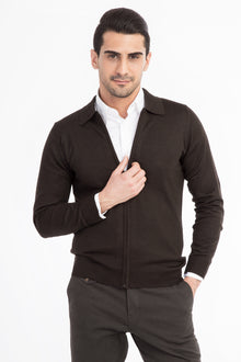 Kahve Polo Yaka Regular Fit Yünlü Fermuarlı Hırka