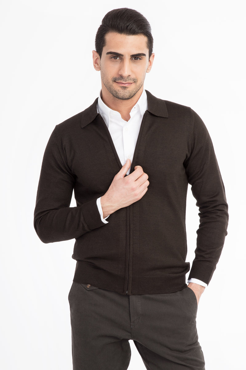 Kahve Polo Yaka Regular Fit Yünlü Fermuarlı Hırka