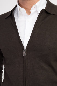 Kahve Polo Yaka Regular Fit Yünlü Fermuarlı Hırka