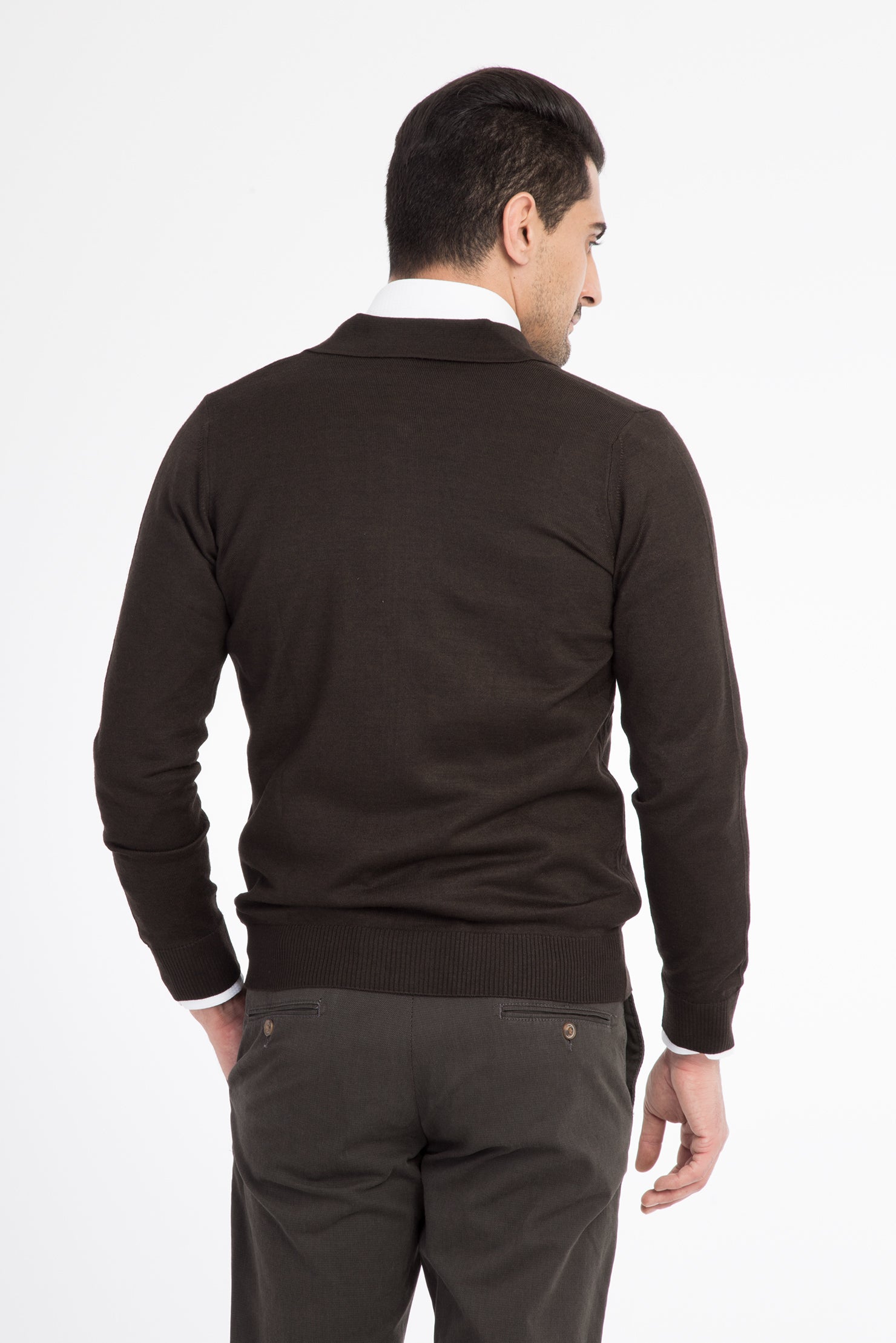 Kahve Polo Yaka Regular Fit Yünlü Fermuarlı Hırka