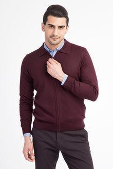 Bordo Polo Yaka Yünlü Fermuarlı Hırka