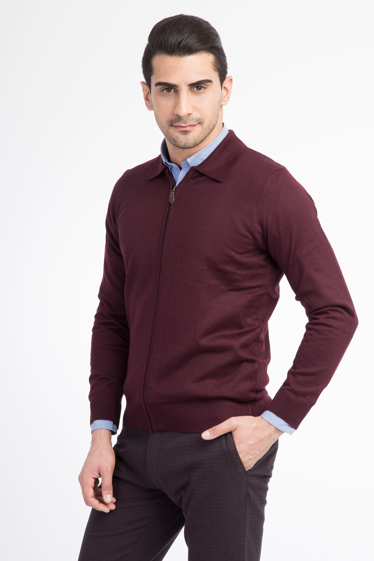 Bordo Polo Yaka Yünlü Fermuarlı Hırka