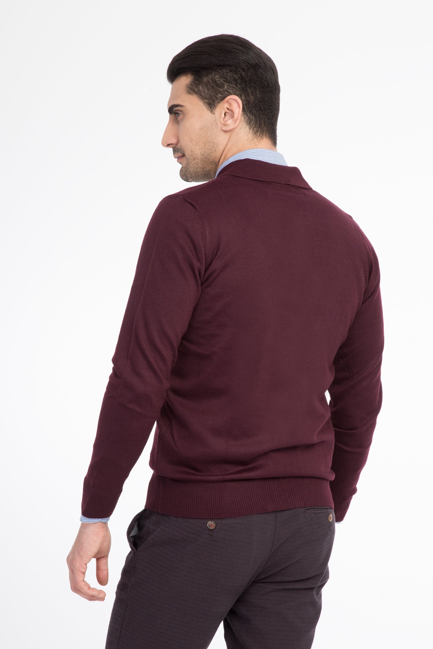 Bordo Polo Yaka Yünlü Fermuarlı Hırka