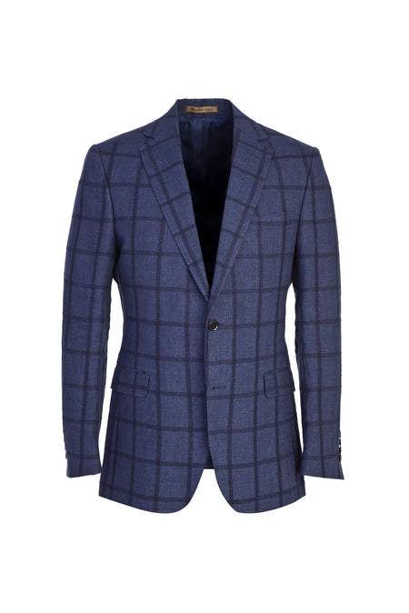 Lacivert İtalyan Yünlü Kareli Klasik Keten Ceket