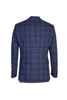 Lacivert İtalyan Yünlü Kareli Klasik Keten Ceket