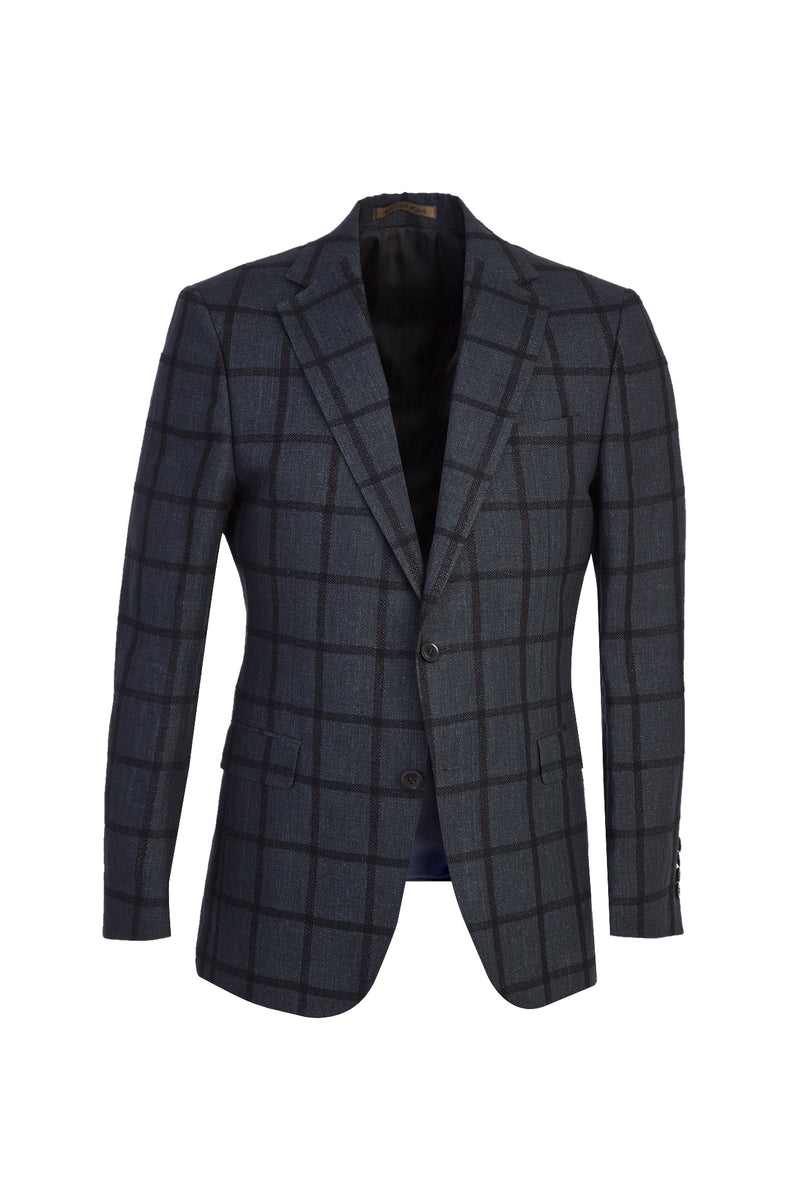 Antrasit İtalyan Yünlü Kareli Klasik Keten Ceket