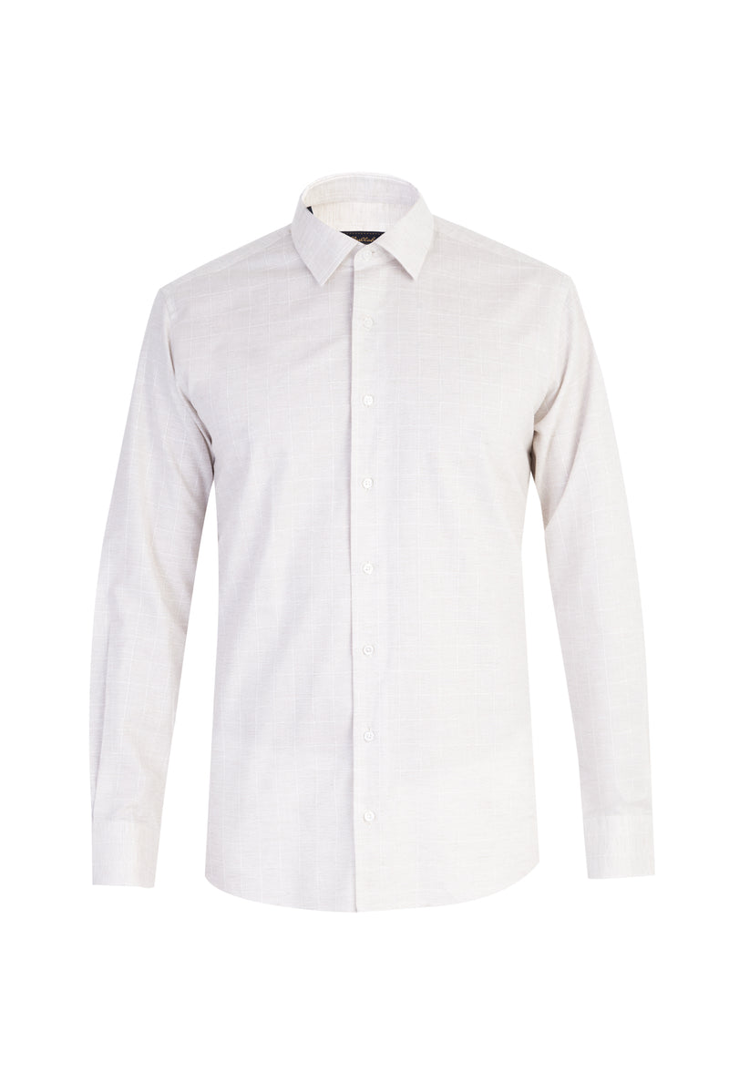 Bej Uzun Kol Ekose Pamuk Gömlek