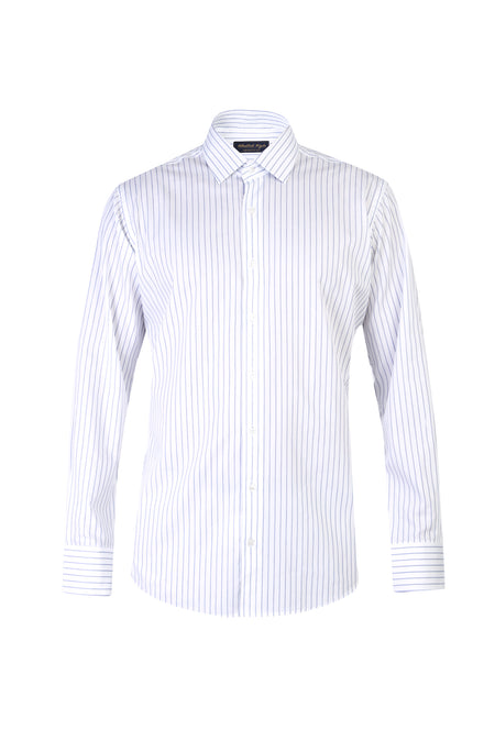 Beyaz Uzun Kol Regular Fit Çizgili Pamuk Gömlek