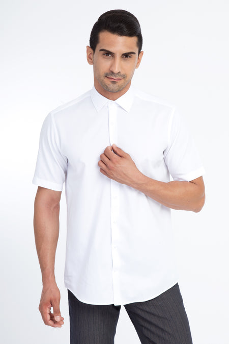 Beyaz Kısa Kol Regular Fit Desenli Pamuk Gömlek