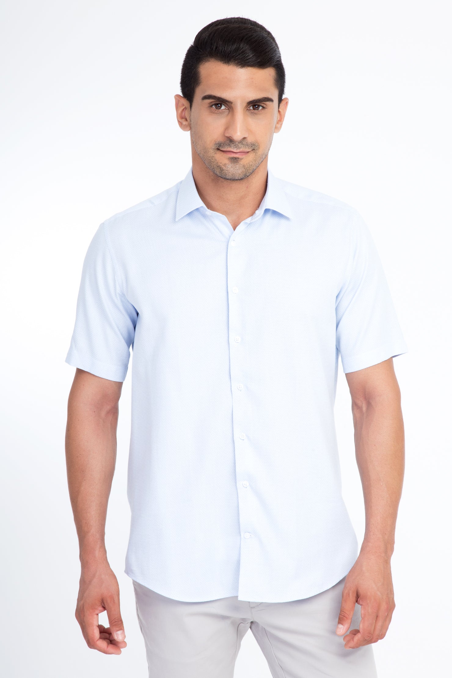 Açık Mavi Kısa Kol Regular Fit Desenli Pamuk Gömlek
