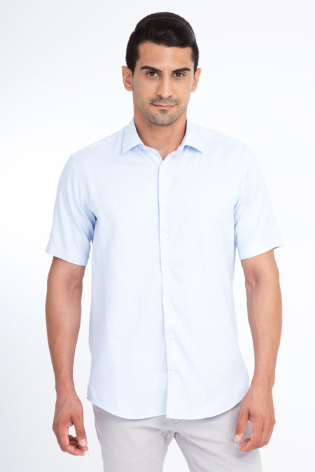 Açık Mavi Kısa Kol Regular Fit Desenli Pamuk Gömlek