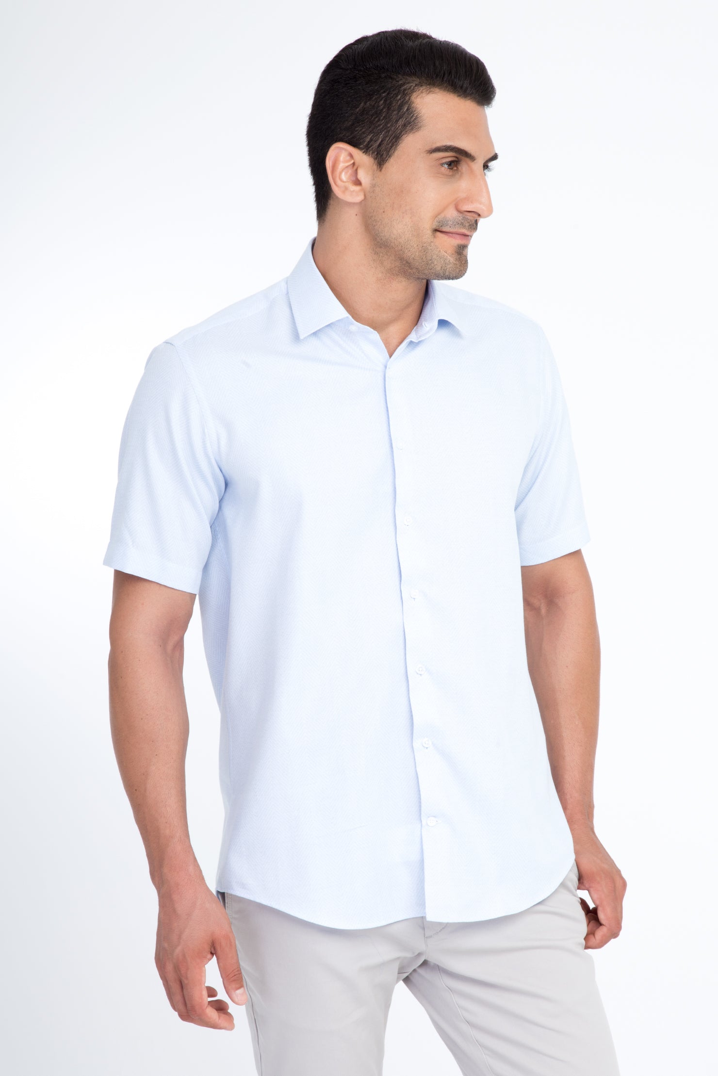 Aç?k Mavi K?sa Kol Regular Fit Desenli Pamuk Gömlek-Abdullah Ki??l?