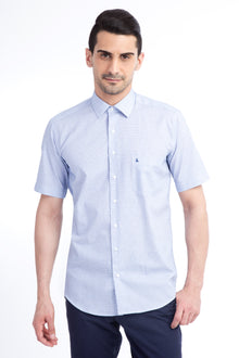 Lacivert Kısa Kol Kareli Klasik Pamuk Gömlek