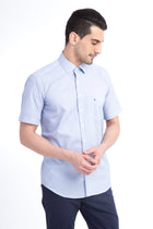 Lacivert Kısa Kol Kareli Klasik Pamuk Gömlek