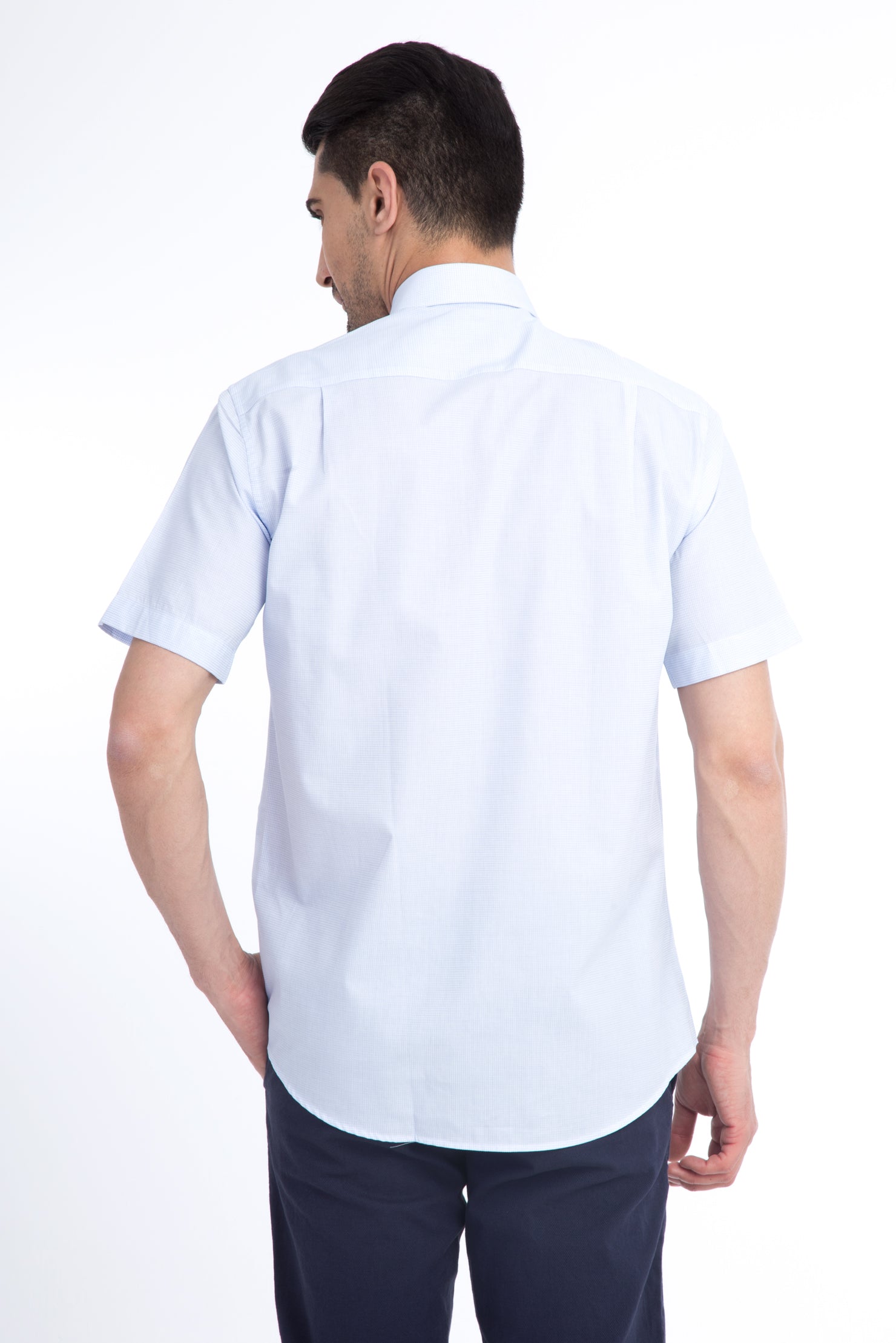 Açık Mavi Kısa Kol Kareli Klasik Pamuk Gömlek