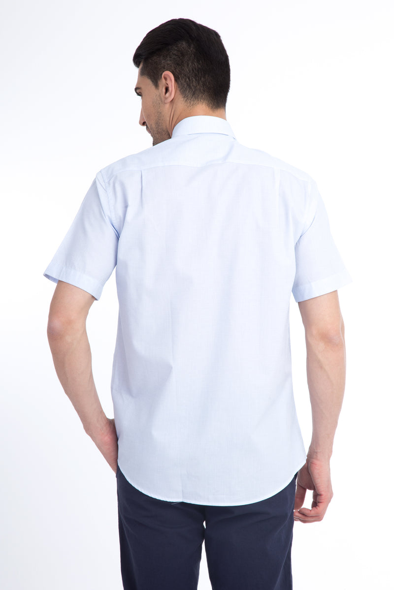 Açık Mavi Kısa Kol Kareli Klasik Pamuk Gömlek