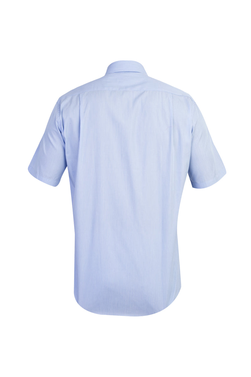 Açık Mavi Kısa Kol Çizgili Klasik Pamuk Gömlek
