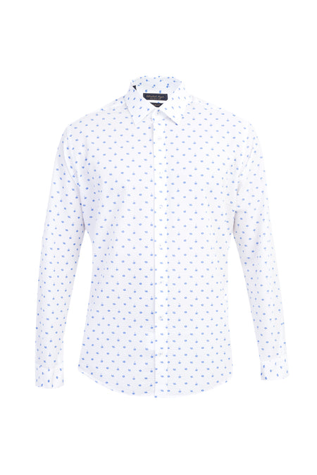 Beyaz Uzun Kol Desenli Slim Fit Dar Kesim Pamuk Gömlek