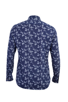 Lacivert Uzun Kol Bask?l? Slim Fit Dar Kesim Pamuk Gömlek-Abdullah Ki??l?