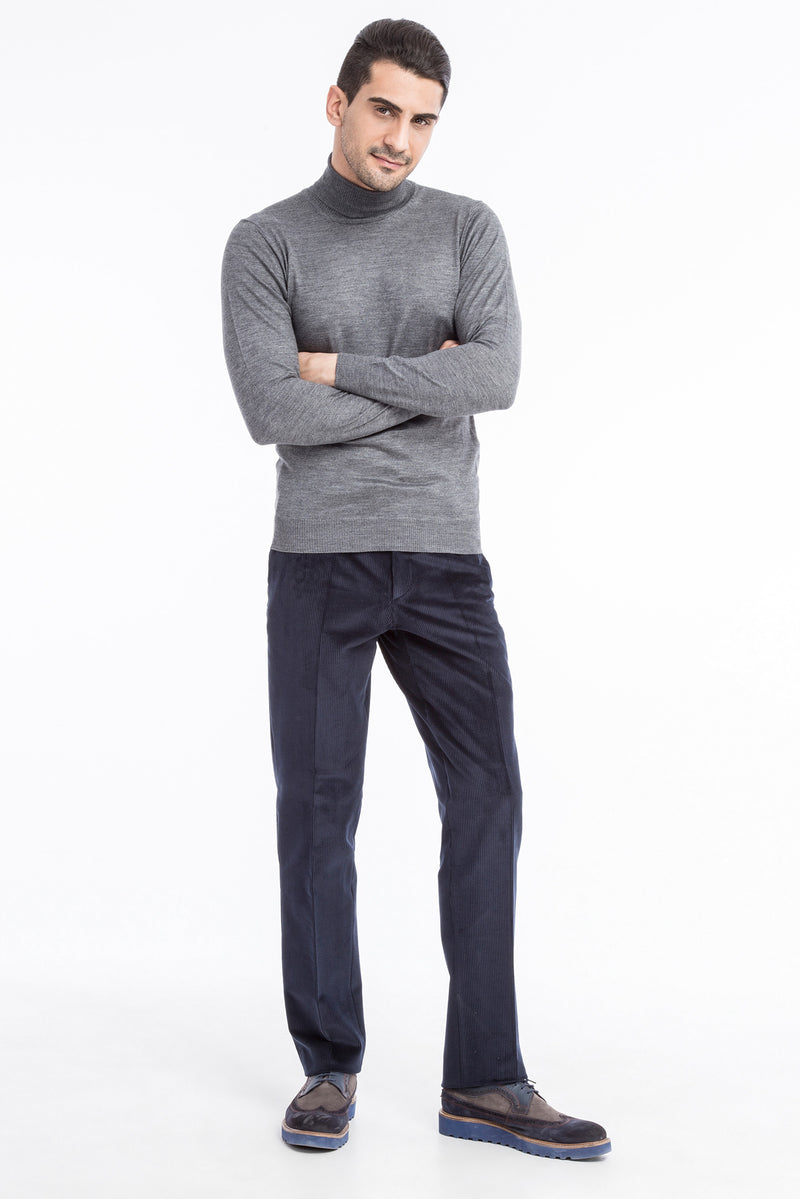 Koyu Mavi Regular Fit Likralı Kadife Pantolon