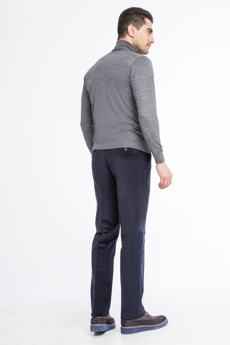 Koyu Mavi Regular Fit Likralı Kadife Pantolon
