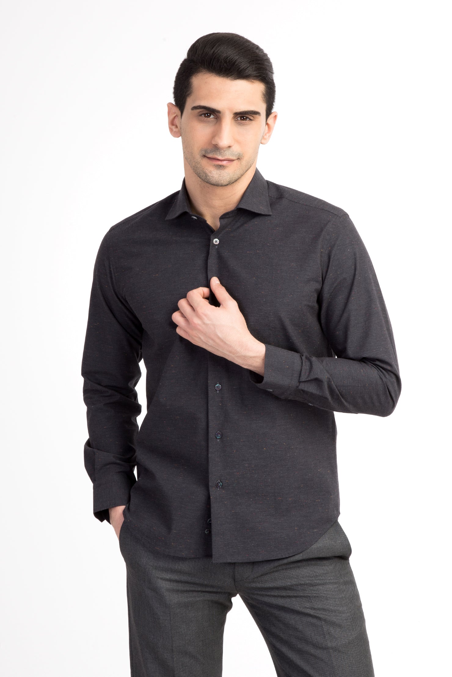 Antrasit Uzun Kol Desenli Slim Fit Dar Kesim Pamuk Gömlek