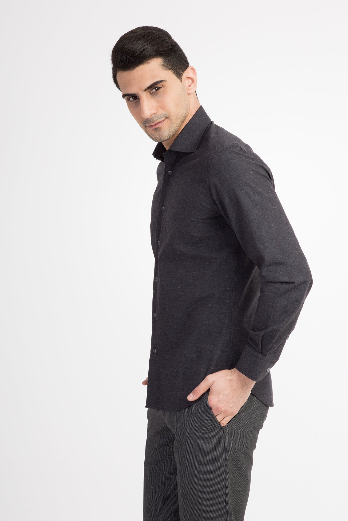 Antrasit Uzun Kol Desenli Slim Fit Dar Kesim Pamuk Gömlek