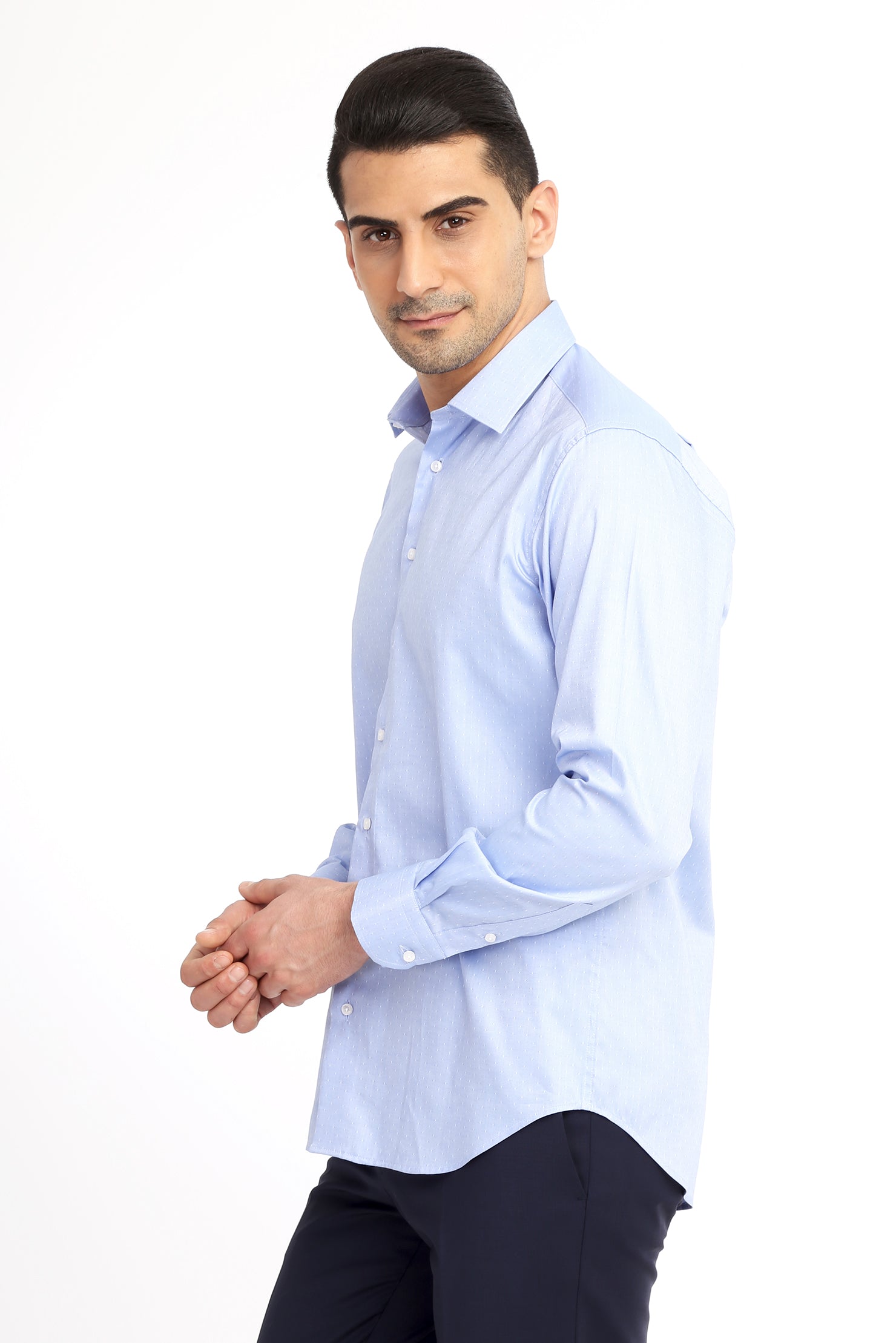 Açık Mavi İtalyan Uzun Kol Desenli Pamuk Gömlek