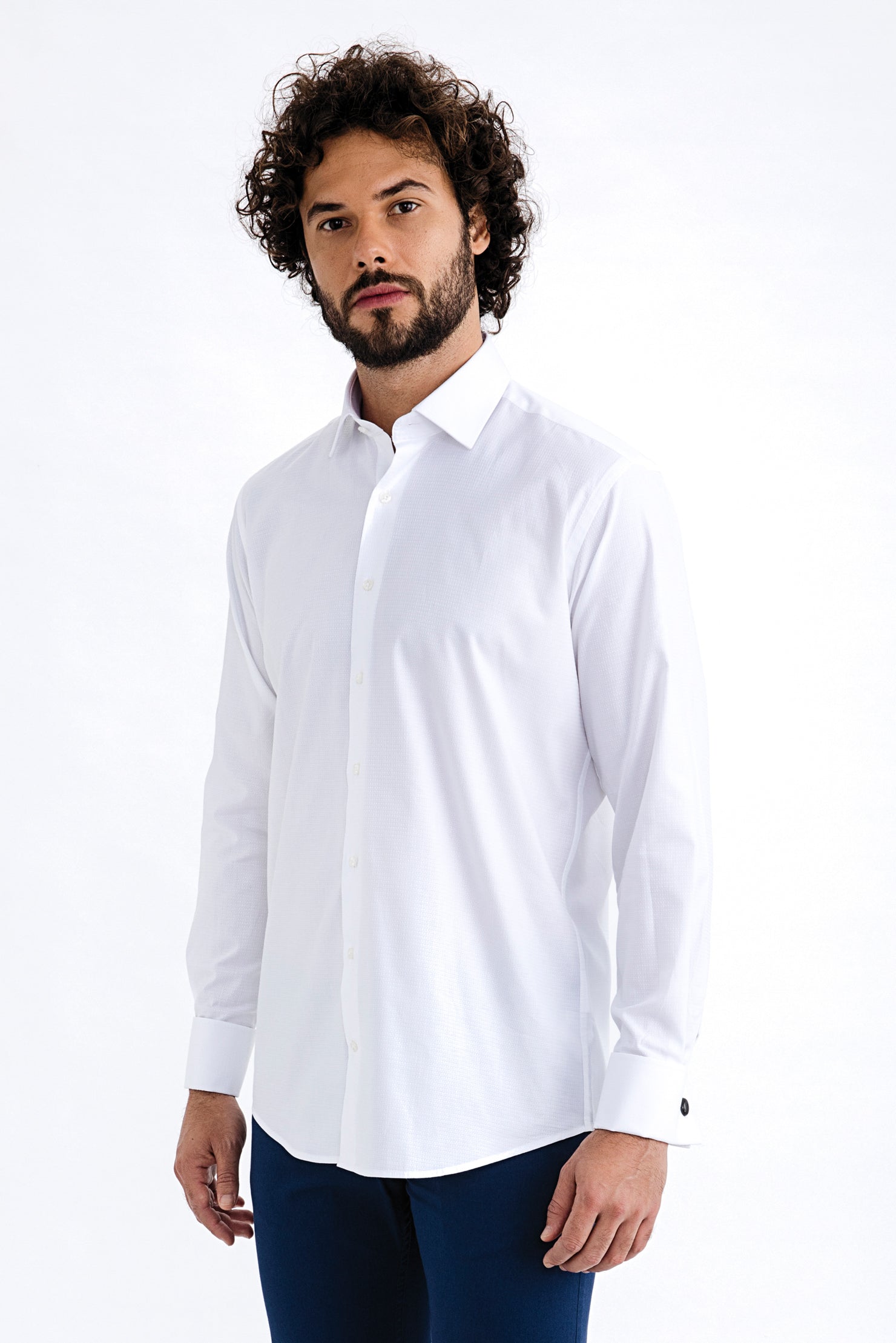 Beyaz Uzun Kol Manşetli Pamuk Gömlek