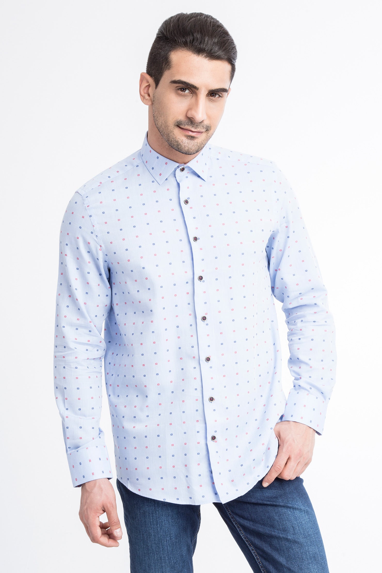 Açık Mavi Uzun Kol Desenli Pamuk Gömlek