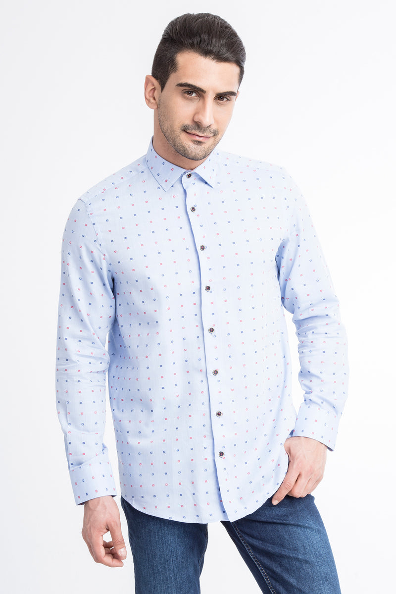 Açık Mavi Uzun Kol Desenli Pamuk Gömlek
