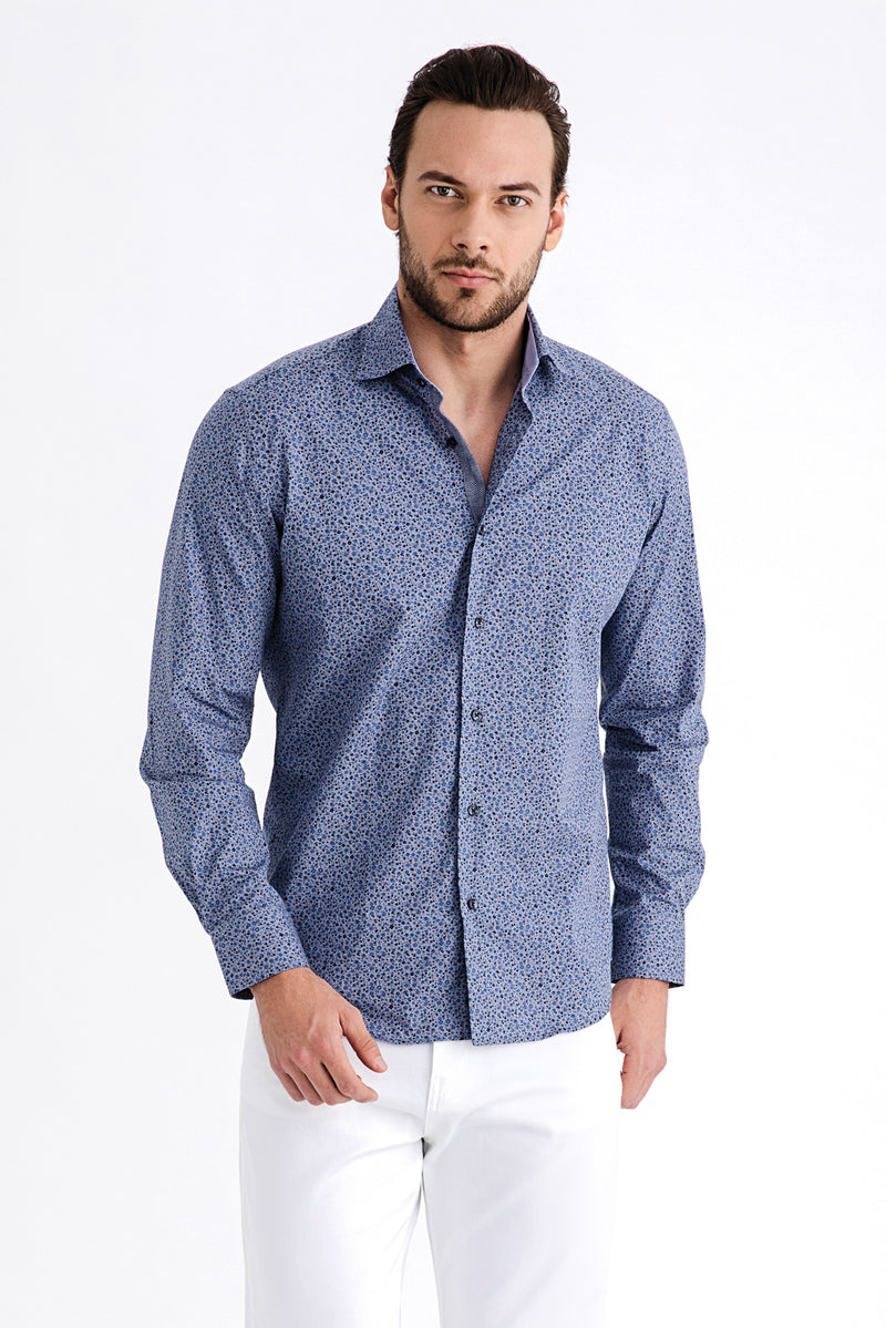 Açık Gri Uzun Kol Desenli Slim Fit Dar Kesim Pamuk Gömlek