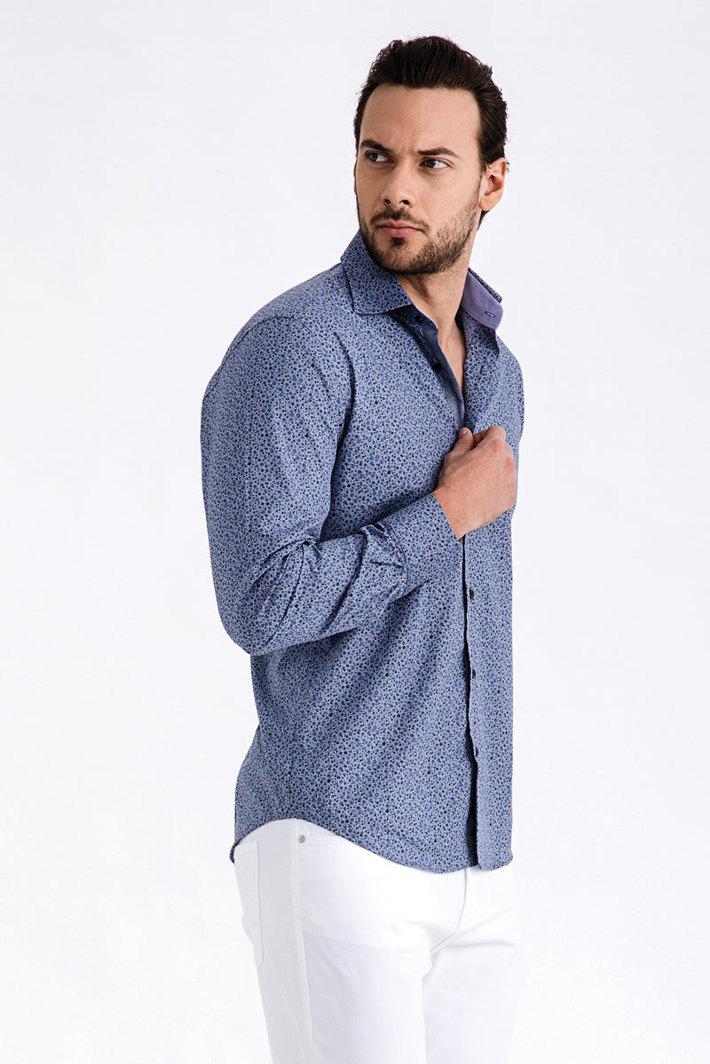 Açık Gri Uzun Kol Desenli Slim Fit Dar Kesim Pamuk Gömlek