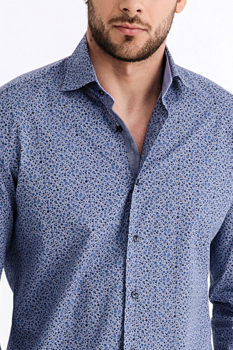 Açık Gri Uzun Kol Desenli Slim Fit Dar Kesim Pamuk Gömlek