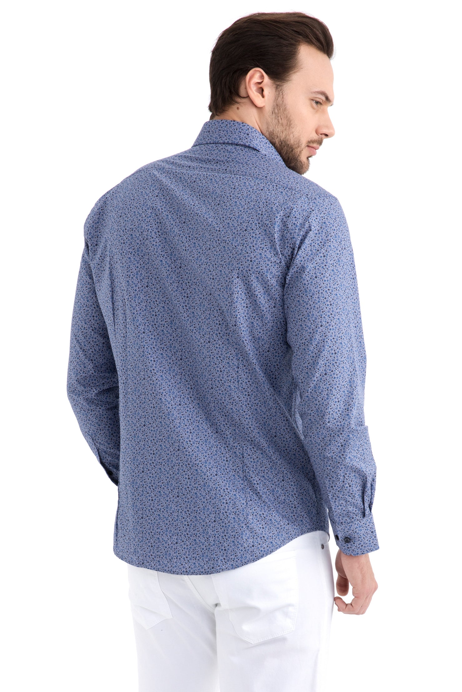 Açık Gri Uzun Kol Desenli Slim Fit Dar Kesim Pamuk Gömlek