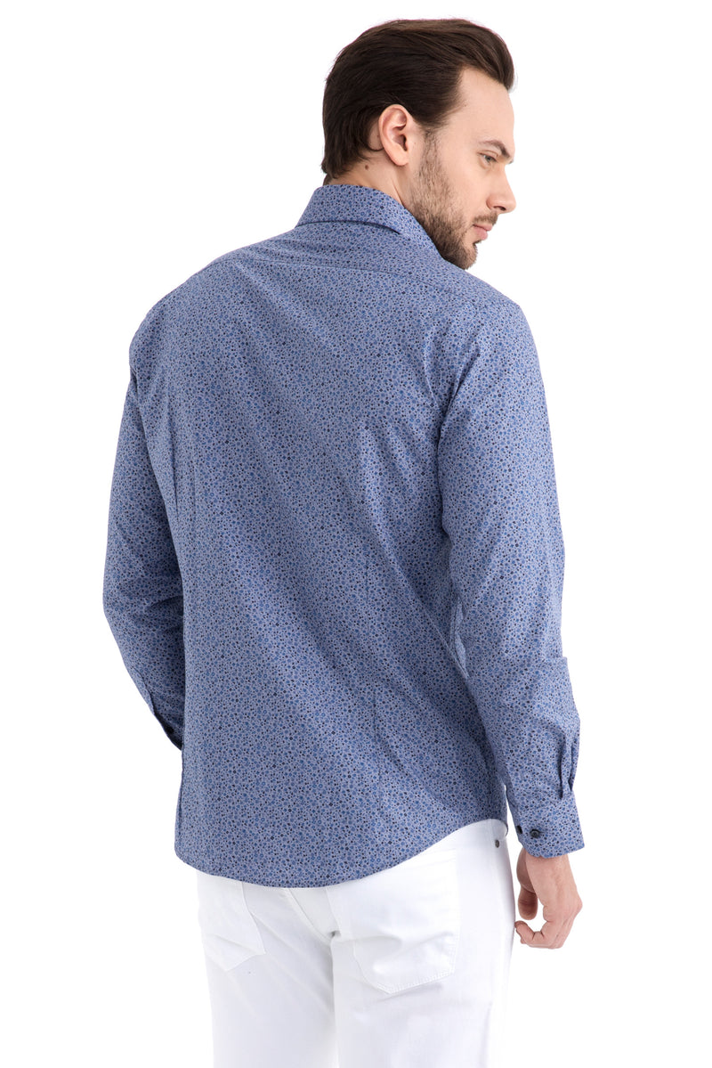 Açık Gri Uzun Kol Desenli Slim Fit Dar Kesim Pamuk Gömlek