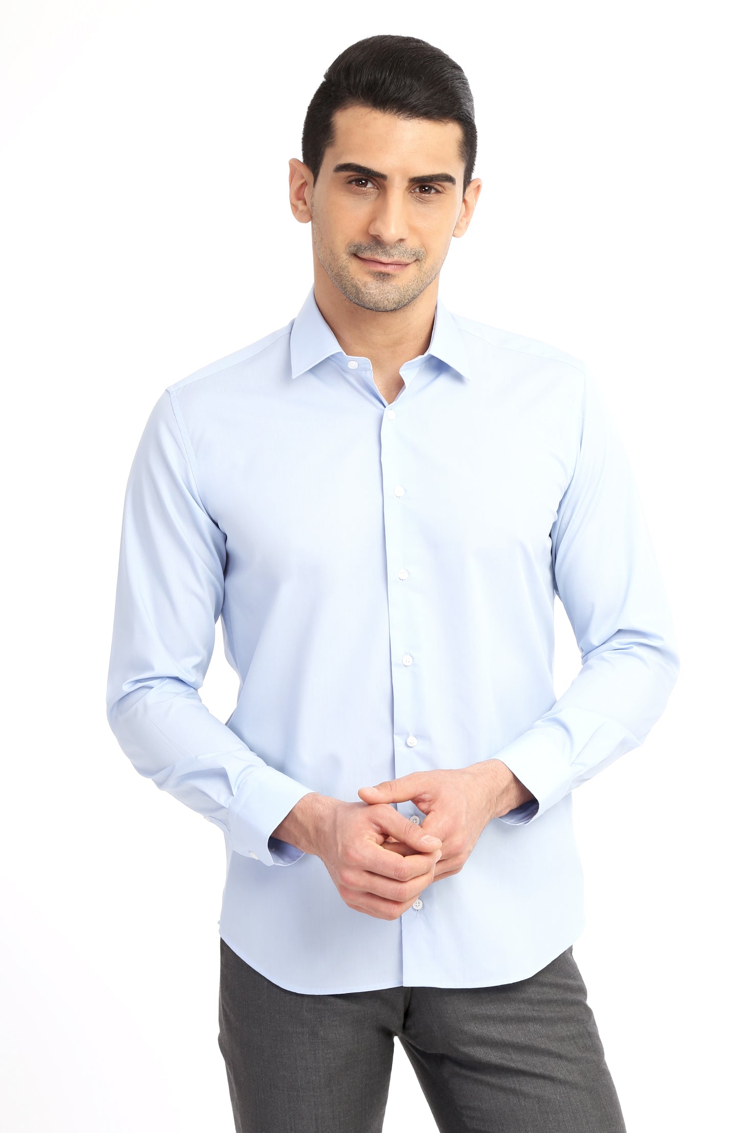 Açık Mavi Uzun Kol Slim Fit Dar Kesim Kolay Ütülenir Pamuk Gömlek