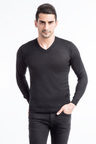 Siyah V Yaka Slim Fit Dar Kesim Yünlü Triko Kazak