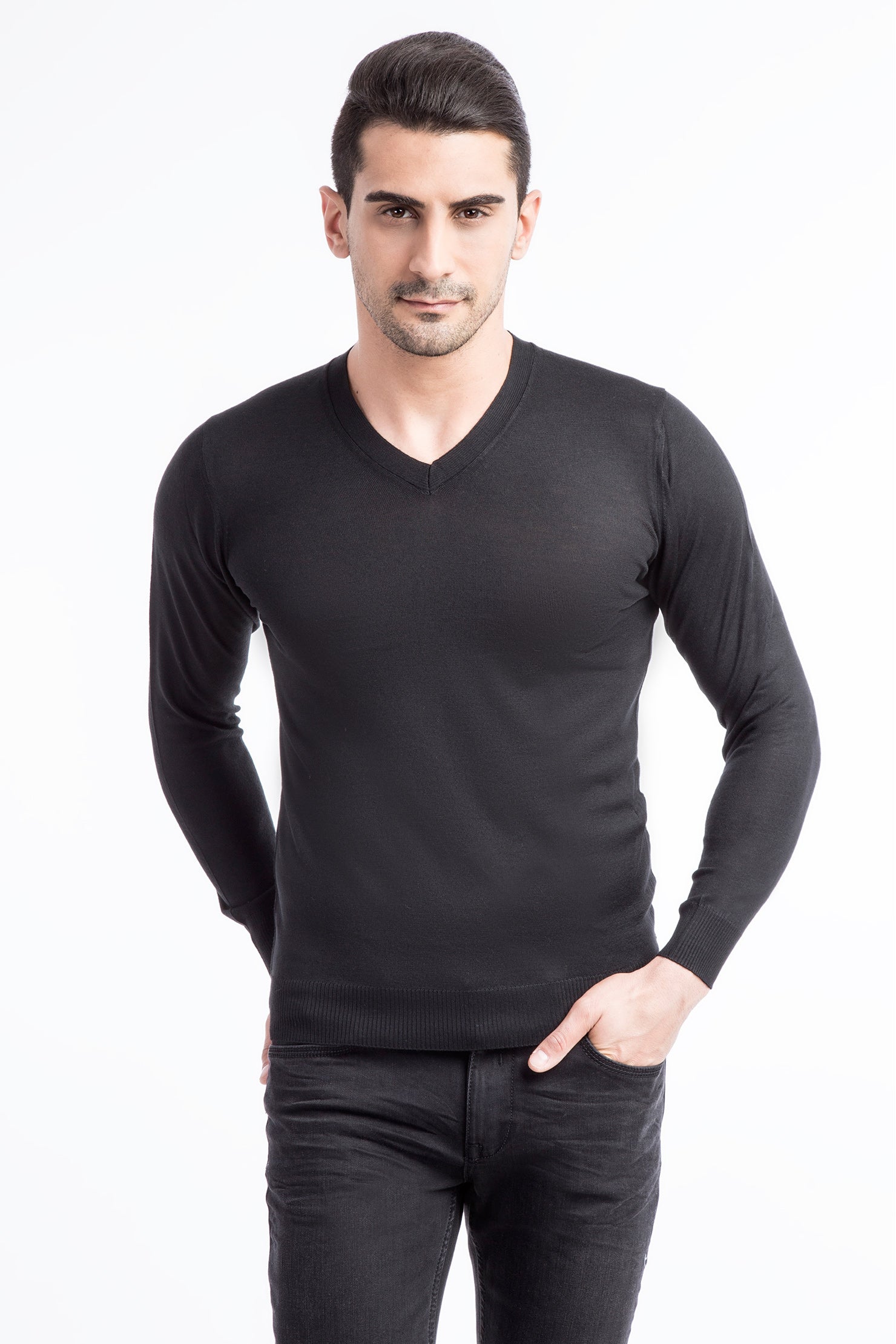 Siyah V Yaka Slim Fit Dar Kesim Yünlü Triko Kazak