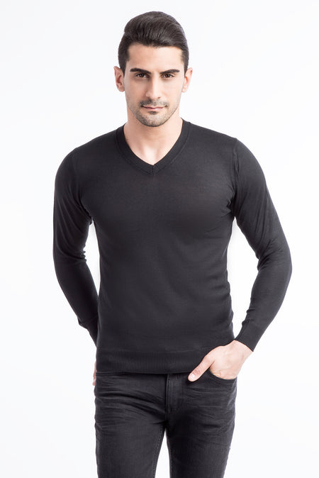Siyah V Yaka Slim Fit Dar Kesim Yünlü Triko Kazak