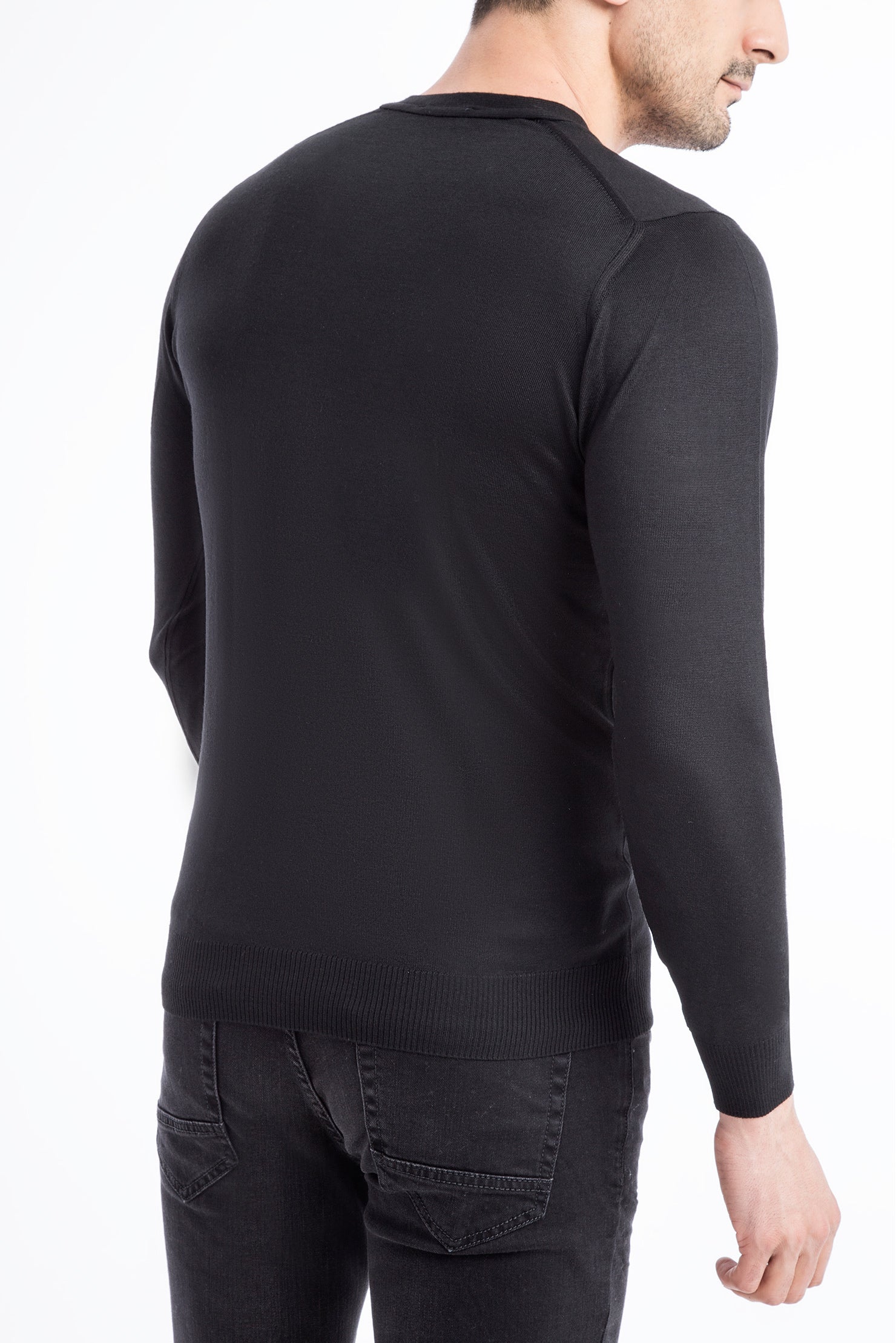 Siyah V Yaka Slim Fit Dar Kesim Yünlü Triko Kazak