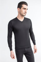 Siyah V Yaka Slim Fit Dar Kesim Yünlü Triko Kazak