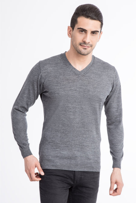 Orta Füme V Yaka Slim Fit Dar Kesim Yünlü Triko Kazak