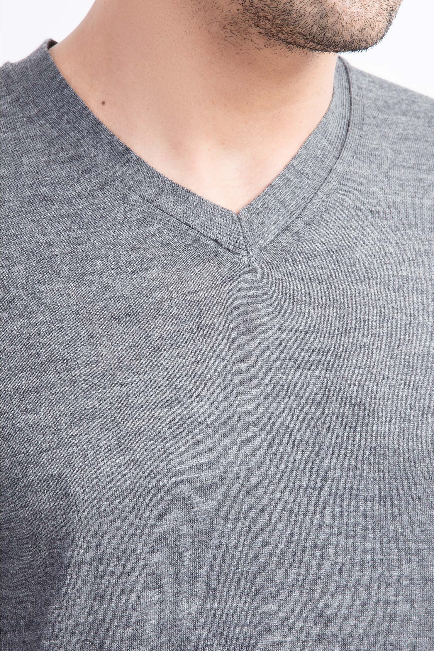 Orta Füme V Yaka Slim Fit Dar Kesim Yünlü Triko Kazak