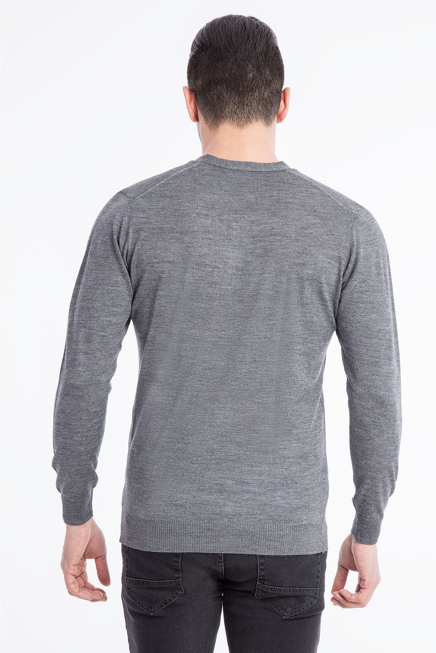 Orta Füme V Yaka Slim Fit Dar Kesim Yünlü Triko Kazak