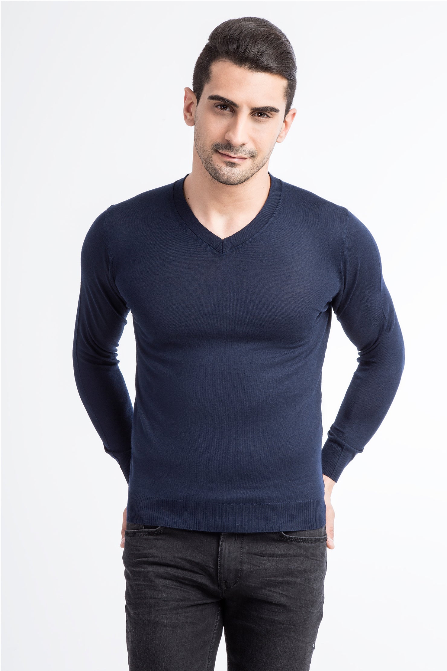 Lacivert V Yaka Slim Fit Dar Kesim Yünlü Triko Kazak