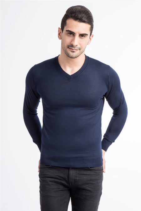 Lacivert V Yaka Slim Fit Dar Kesim Yünlü Triko Kazak