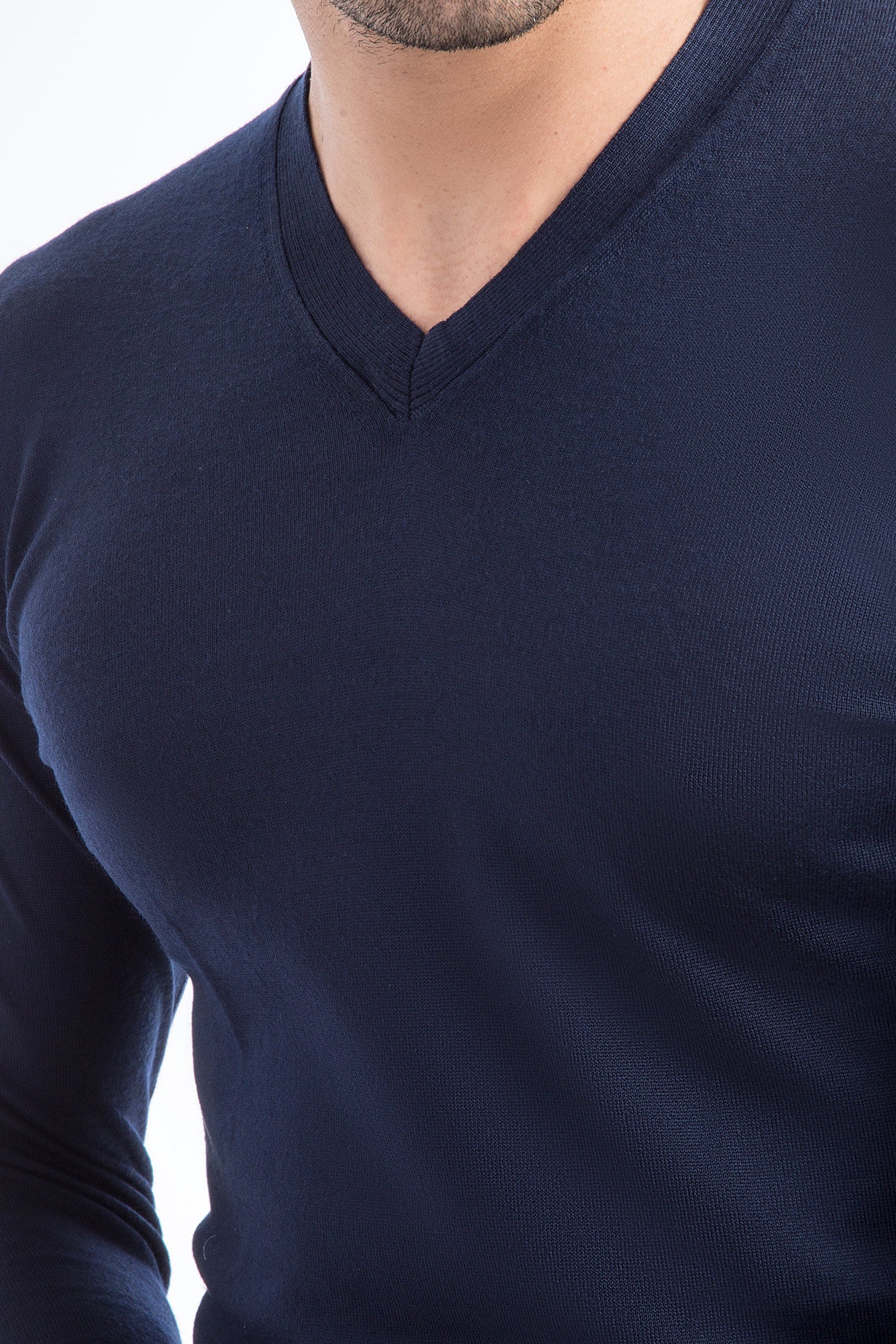 Lacivert V Yaka Slim Fit Dar Kesim Yünlü Triko Kazak